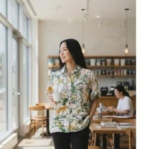 Tropical Print Linen Camp Shirt By Rachel Zoe